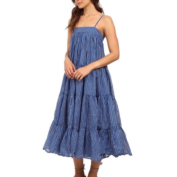 Mes Demoiselles Eva Paris Stripe Tiered Maxi Midi Dress in Blue & White - Picture 4 of 8